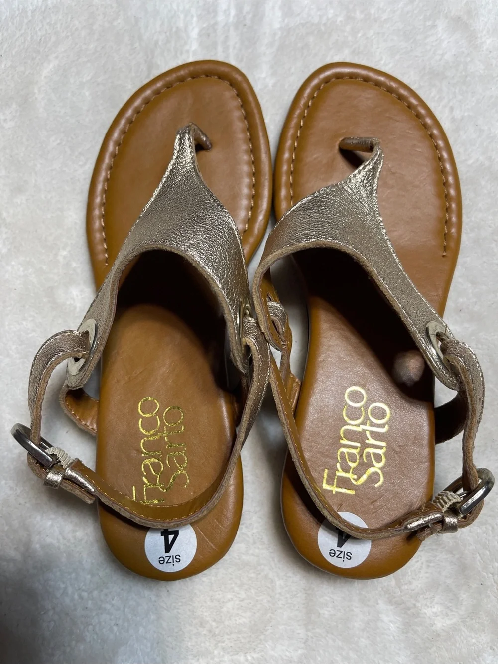 Franco Sarto Kids Metallic Gold T-Strap Sandals with Brown Footbed Size 4